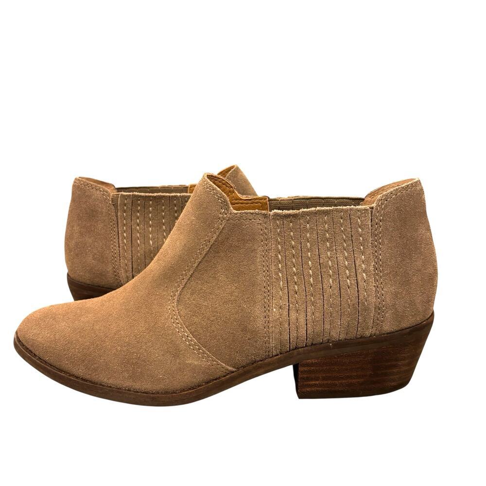 Lucky Brand Tan Suede Leather Ankle Booties 7.5 Western Boho Block Heel Boots